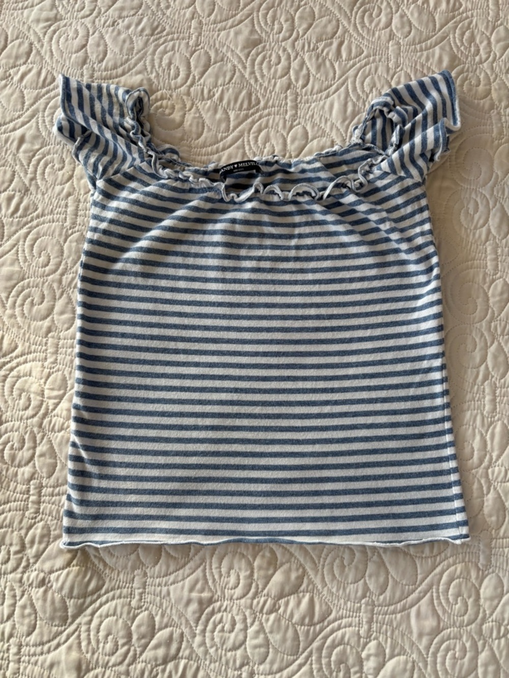 Brandy Melville Blue and White Striped Ruffle Off-Shoulder Tank